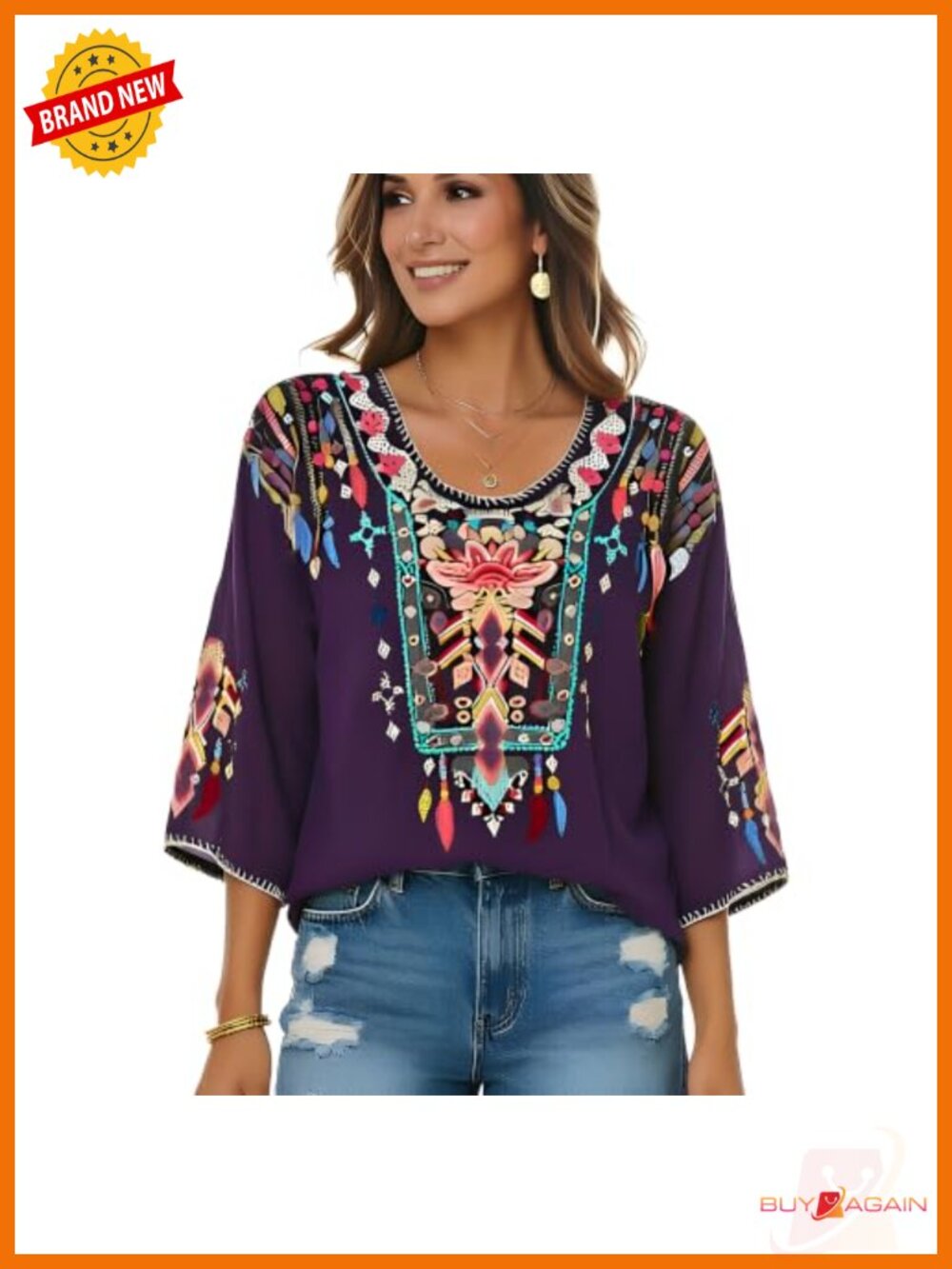 Boho Floral Embroidered Peasant Tunic Top 3/4 Sleeve Rayon